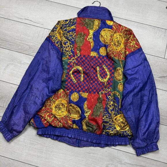Vintage Lauren Brooke Windbreaker Jacket Sz L Baroque Patchwork Gold Chains 90s - Picture 3 of 8
